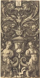Ornament mit Vase und zwei weiblichen Figuren