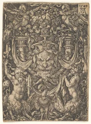 Ornamentales Design mit einer Maske und einem Adler zwischen zwei Faunen unten, 1549