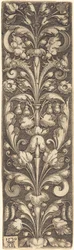 Zweig mit Ornamenten, zwei Masken und zwei Delfinen