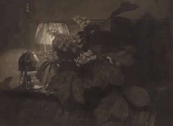 Stillleben mit Rosskastanienblüten, Lampe und Urne