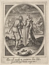 Ein Mann tritt auf eine Frau zu, die einen Becher an den Mund hält, eine Wassermühle und ein Berg..., ca. 1585-1621