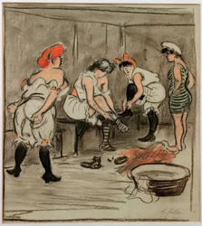 Vier Frauen in der Garderobe