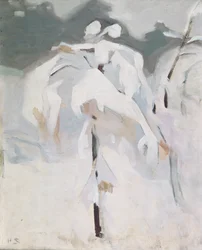 Schneebedeckte Birke, um 1913