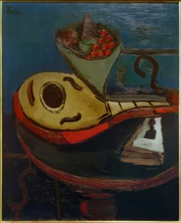 Stillleben: Mandoline und Schale mit Früchten auf einem Tisch