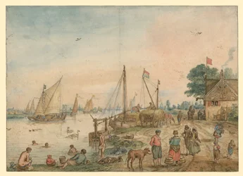 Der Sommer: Flusslandschaft mit Badenden