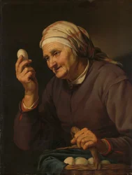 Alte Frau verkauft Eier
