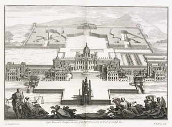 Schloss Howard in Yorkshire, aus "Vitruvius Britannicus" oder "Der britische Architekt, der die Pläne, Erhebungen und Abschnitte der regelmäßigen Gebäude sowohl öffentlich als auch privat in Großbritannien enthält" von Colin Campbell