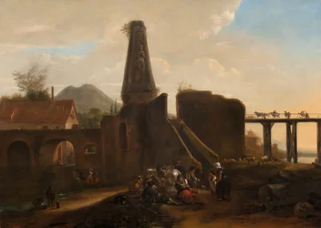 Reisende ruhen sich neben klassischen Ruinen aus, 1663, Öl auf Leinwand