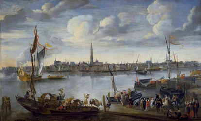 Blick auf die Straßen von Antwerpen von der Westbank, nach 1672