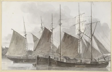 Segelschiffe vor einer Stadt