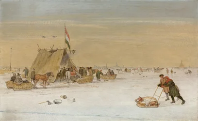 Eine Winterlandschaft mit Figuren auf dem Eis bei einem koek-en-zopie Zelt