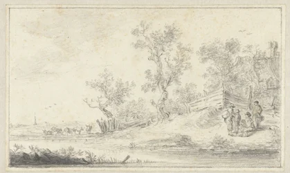 Landschaft mit einer Gruppe von vier Personen, links Vieh
