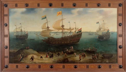 Das Amsterdamer Viermastschiff De Hollandse Tuyn und andere Schiffe kehren unter dem Kommando von Paulus van Caerden aus Brasilien zurück