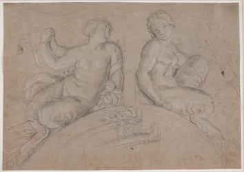 Zwei weibliche Satyrfiguren (Faune) auf einem Segmentbogen