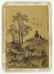 Jäger und Hund auf dem Hügel beobachten Vögel