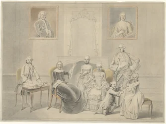 Die Kinder von Pieter Cornelis Hasselaer und Clara Wendela Sautijn, deren Porträts an der Wand hängen, mit ihrer Großmutter Wendela Eleonora Reael