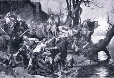 Krieger von Sviatoslav beim Massaker unter den Mauern von Drster (Durostorus), Illustration aus Landmarks in European History, veröffentlicht von Gresham Publishing Co, ca. 1920
