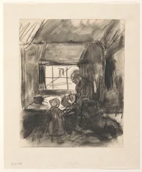 Interieur mit Frau und zwei kleinen Kindern