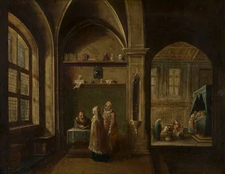 Ein Renaissance-Interieur mit Figuren: Die Geburt des heiligen Johannes