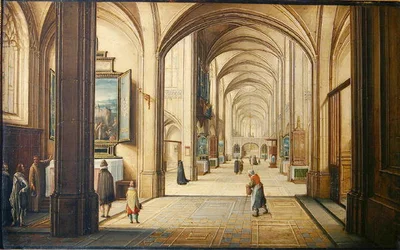 Kircheninneres mit einem Küster, der Besuchern ein Gemälde zeigt, 1608