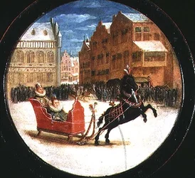Winterlandschaft mit Figuren in einem Pferdeschlitten