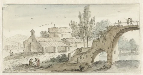 Italienische Landschaft mit einer Steinbrücke