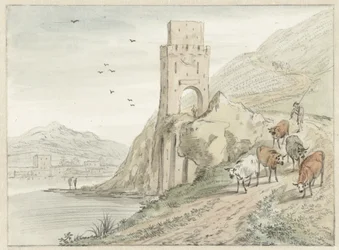Italienische Flusslandschaft mit Bergen und einem Tor