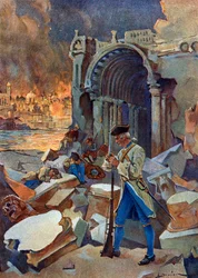 Indienfeldzug (1778-1783): Ansicht der Schlacht von Trinquemalay im August 1782 in Ceylon, zwischen der französischen Armee von Suffren und den Briten von Admiral Hugues