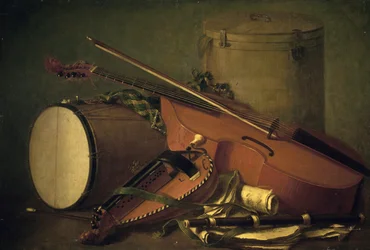 Musikinstrumente, Trommel, Geige, Flöte und Drehleier, von Henri Horace Roland de la Porte (1724-1793). Frankreich