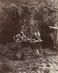 Stillleben: Topf, Krug und Gemüse auf einem Sägebocktisch, ca. 1852