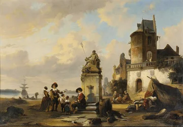 Elegante Figuren sitzen bei einem Brunnen, ein Hafen draußen