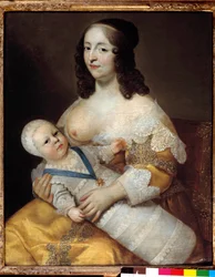Darstellung des zukünftigen Königs Ludwig XIV. (1638-1715) als Baby im Badeanzug in den Armen seiner Amme Marie de Longuet de la Giraudière. Die Brust der Frau ist entblößt und bereit, das Kind zu stillen. Gemälde von Charles (1604-1692) und Henri
