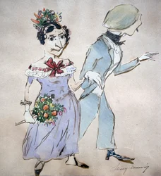 Paar mit einem Blumenstrauß. Aquarell von Henri Monnier (1805-1877) französischer Karikaturist. Mann Frau