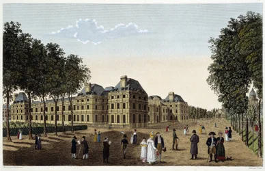 Garten und Palais du Luxembourg von der Terrasse des kleinen Luxemburg aus gesehen. Gravur von Courvoisier