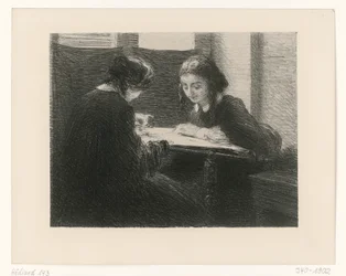 Stickerinnen. Zwei Damen am Tisch