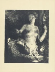 Mann sitzt mit Feder in der Hand und aufgeschlagenem Buch, neben ihm stehende nackte Frau als Muse oder Inspiration