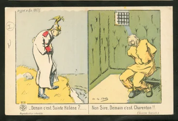 Postkarte, Satirisch in Farben: Morgen ist Sankt Helene? Nein, Sire. Morgen ist Charenton - Krieg von 14-18, Wahnsinn - Wilhelm II Illustration von H. G. Ibels
