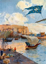 Ansicht der Stadt Dieppe in der Normandie zur Zeit des französischen Entdeckers Jean Cousin, Ende des 15. Jahrhunderts. Illustration von Gaston Henry Darien (1864-1926) aus „Notre épopée coloniale“ von Pierre Legendre