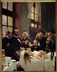 Dr. Jules Émile (Jules-Émile) Péan (1830-1898) lehrt im Krankenhaus Saint-Louis seine Entdeckung der Abklemmung von Blutgefäßen, oder „Vor der Operation“, 1887. 2,42x1,88 m, Paris, Musée d