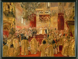 Die Krönung von Zar Nikolaus II. und Kaiserin Alexandra Feodorowna in der Mariä-Entschlafens-Kathedrale, Moskau