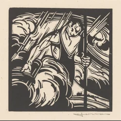 Personifikation des Gewitters über einer Landschaft