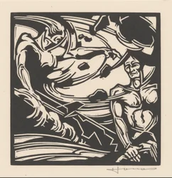 Zwei nackte Männer bei einer wirbelnden Luftmasse