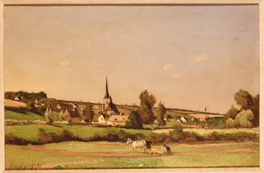 Eine weite Landschaft mit einem Pflüger und einem Dorf dahinter