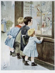 Die Versuchung: Kinder vor einem Schaufenster betrachten Spielzeug - in „Figaro illustré“
