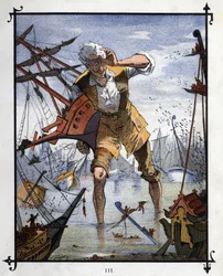 Lemuel Gulliver im Zentrum einer Seeschlacht zwischen den Schiffen von Lilliput und Blefuscu. Illustration für „Gullivers Reisen“ von Jonathan Swift (1667-1745)