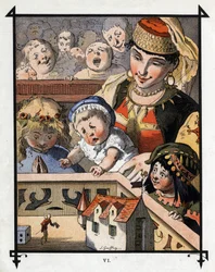 Lemuel Gulliver ist im Land der Riesen von Brobdingnag eine Kuriosität für Kinder. Illustration zu „Gullivers Reisen“ von Jonathan Swift (1667-1745)