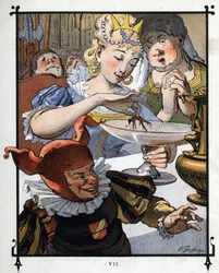 Lemuel Gulliver wird von der Königin von Brobdingnag aus einem Gericht gerettet. Illustration für „Gullivers Reisen“ von Jonathan Swift