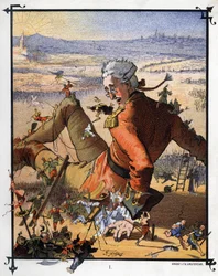 Lemuel Gulliver wird von den Liliputanern gefesselt. Illustration zu „Gullivers Reisen“ von Jonathan Swift (1667-1745)
