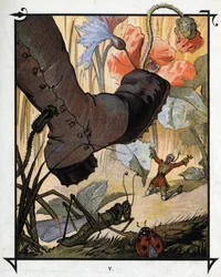 Der gigantische Fuß eines Bewohners von Brobdingnag droht Lemuel Gulliver im hohen Gras zu zerquetschen. Illustration für Gullivers Reisen von Jonathan Swift