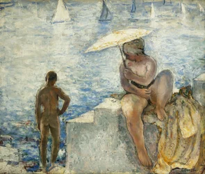 Eine junge Schwimmerin mit Sonnenschirm, ca. 1925-1930